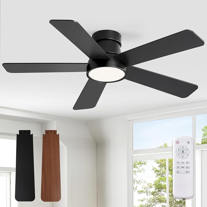 Fanbulous 42 Inch Ceiling Fans with Lights and Remote,Outdoor Indoor Modern Flush Mount Ceiling Fan with 3CCT 6-Speed Quiet DC Motor,Black Small Low Profile Ceiling Fan for Bedroom Living Room Office