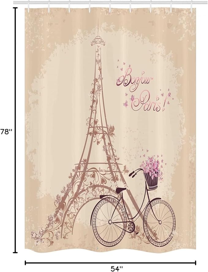 Ambesonne Paris Stall Shower Curtain, Bonjour France Eiffel Tower and Vintage Bicycle Flowers Retro Soft Color Print, Fabric Bathroom Decor Set with Hooks, 54" W x 78" L, Cream Pink