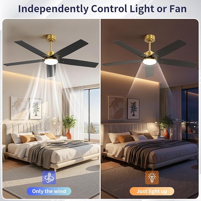 52 Inch Ceiling Fans with Lights and Remote for Bedroom Living Room Kitchen Home Office Indoor/Outdoor, 18W 3CCT Dimmable, Dual Color 5 Blades 6 Speed Reversible Quiet DC Motor, Gold/Wood Grain