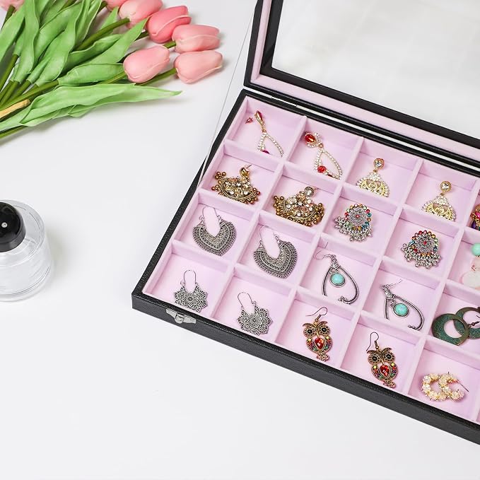 Stratalife 24 Grid Earring Organizer, Jewelry Holder Organizer with Lid | PU Leather Storage Box for Earring, Ring, Studs and Trinkets, Soft Velvet Drawer Organizer for Women, Dustproof, Pink Black