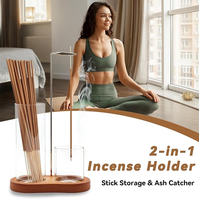 2-in-1 Incense Holder for Sticks, Incense Burner Holder with Glass Ash Catcher & Stick Storage, Bedroom House Yoga Meditation Zen Decor, Spa Gifts for Women, Unique Cozy Home Decor, Natural Wood