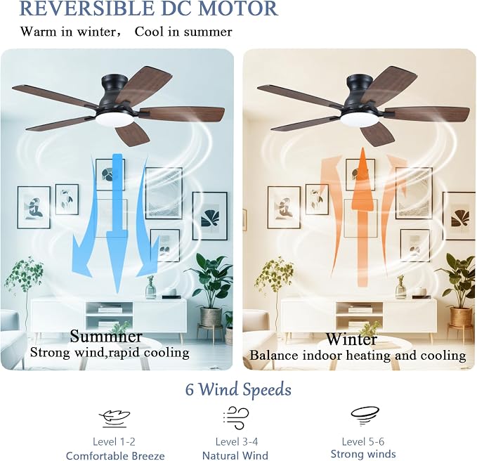 NKPU Ceiling Fans with Lights, Low Profile Ceiling Fan with Light and Remote/APP Control, DC Reversible Motor, Noiseless, Flush Mount, 46inch Brown Ceiling Fan for Bedroom Indoor/Outdoor Use