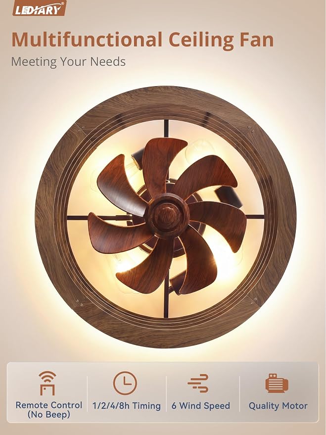LEDIARY 20" Flush Mount Caged Ceiling Fan with Light, Low Profile Ceiling Fans with Light and Remote, 6 Speed & Reversible, Farmhouse Enclosed Fan Lights for Bedroom, Kitchen, Living Room