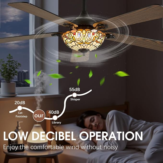 52" Tiffany Style Ceiling Fans with Lights, Vintage Chandelier Ceiling Fan with Stained Glass Shade, Dimmable LED, 6 Speeds Reversible for Bedroom (Gem Art)