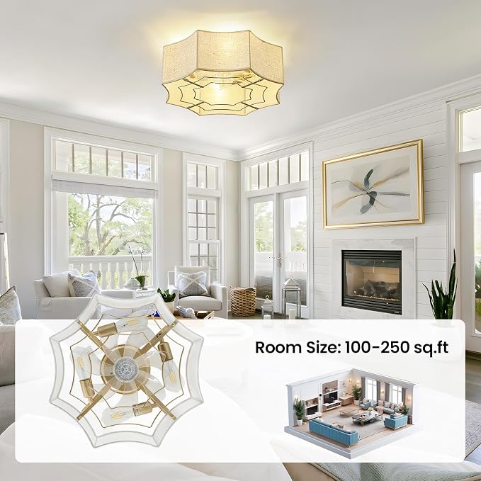 RUIYEY Remote Ceiling Fans with Lights: 20" Caged Flush Mount Ceiling Fan with Fabric Shade, 7 Blades 6 Speeds DC Reversible E26 4 Light Modern Low Profile Fandelier for Bedroom Kitchen Nursery