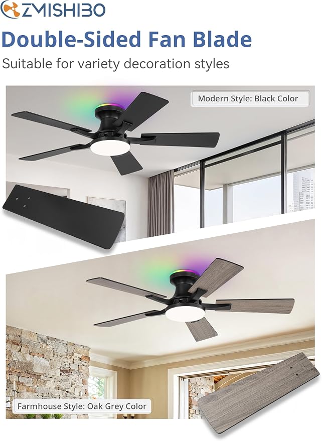 ZMISHIBO 42 Inch Ceiling Fans with RGB Lights, Low Profile Flush Mount Ceiling Fan with Alexa/App/Remote, Dimmable 20W LED Light, Black Modern Fan for Living Room, Bedroom, Game Room