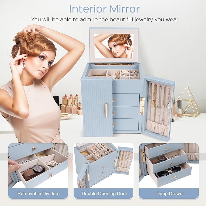 Dajasan Large Jewelry Box Organizer, Jewelry Storage Organizer with 3 Drawers, Huge Jewelry Box with Mirror for Women Girls, Double Door, Textured PU Leather, Gift Idea, Stylish (Blue + Gold)