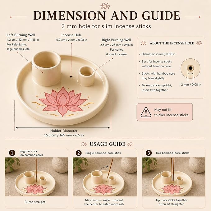 Incense & Palo Santo Holder – 6.5'' Ceramic Sage Burner for Sticks, Bundles, Cones, Candle & Tealight with Ash Catcher – Jewelry Tray, Smudge Pot, Home Décor, Meditation Gift (Pink Lotus)