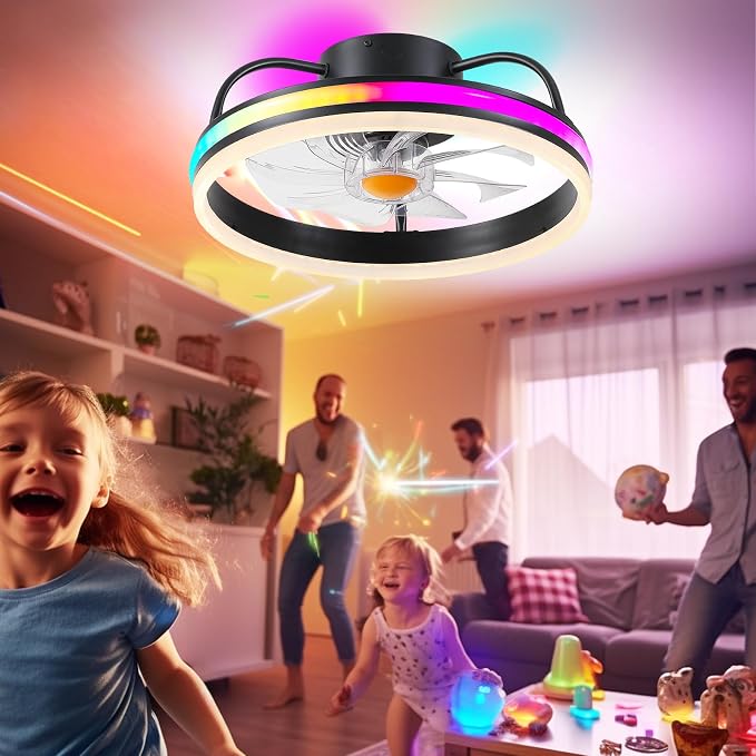 Ceiling Fan-Low Profile Ceiling Fan with Light - Modern Flush Mount Ceiling Fan ,16" RGB Dimmable LED Enclosed Ceiling Fans,Modern Bladeless LED-RGB Ambient Light for Bedroom Kids Room Party（Black）