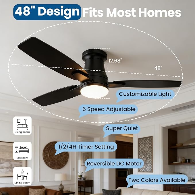 48 Inch Flush Mount Ceiling Fan with Light, Reversible Quiet DC Motor, Dimmable LED & 3CCT, 6 Speeds, Remote & APP Control, Black Modern for Bedroom Living Room