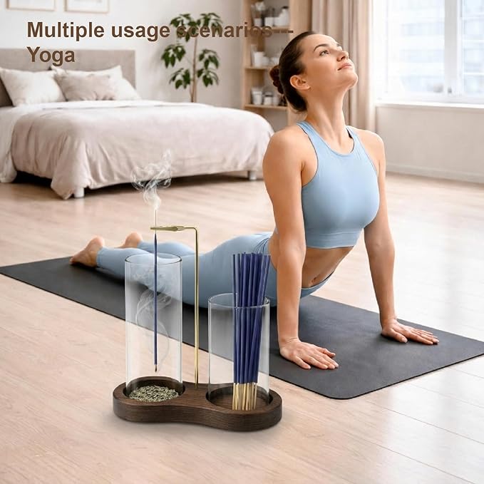 2-in-1 Incense Holder with Glass Ash Catcher & Stick Storage, Wooden Incense Burner for Relaxation, Stress Relief, Mess-Free Home Use, Self-Care, Meditation, Yoga, Bedroom & Living Room (Sapele)