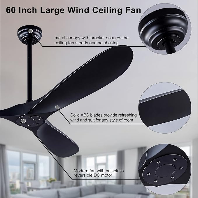 QUTWOB 60" Ceiling Fan with Remote Control No Lights,Modern Reversible DC Motor Indoor Outdoor 3 Blades Ceiling Fans for Patio Bedroom Living Room(Black)