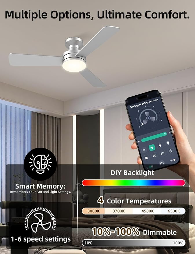 42 inch RGB Ceiling Fan with Light, Smart App & Remote Control Low Profile Flush Mount, Music Sync Lighting, 6-Speed Quiet Reversible DC Motor, 4CCT Dimmable for Home Office Party, Silver