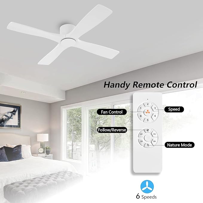 WINGBO 54 Inch Flush Mount DC Ceiling Fan without Lights, 4 Reversible Carved Wood Blades, 6-Speed Noiseless DC Motor, Huger Ceiling Fan No Lights in Gloss White with White Blades