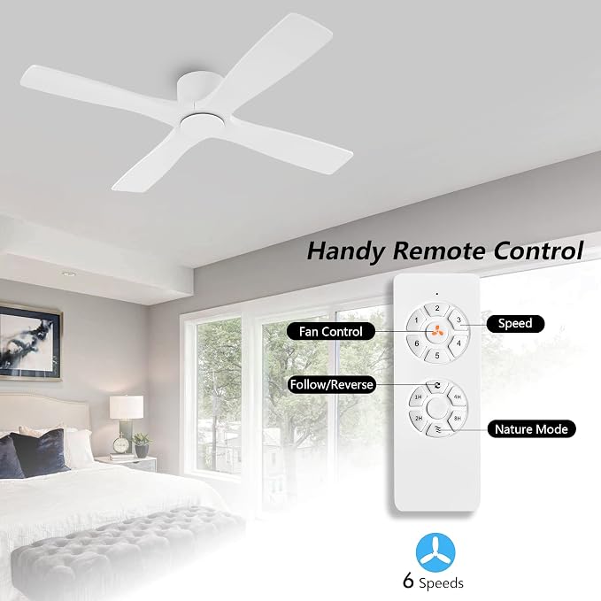 WINGBO 60 Inch Flush Mount DC Ceiling Fan without Lights, 4 Reversible Carved Wood Blades, 6-Speed Noiseless DC Motor, Hugger Ceiling Fan No Lights in Gloss White with White Blades