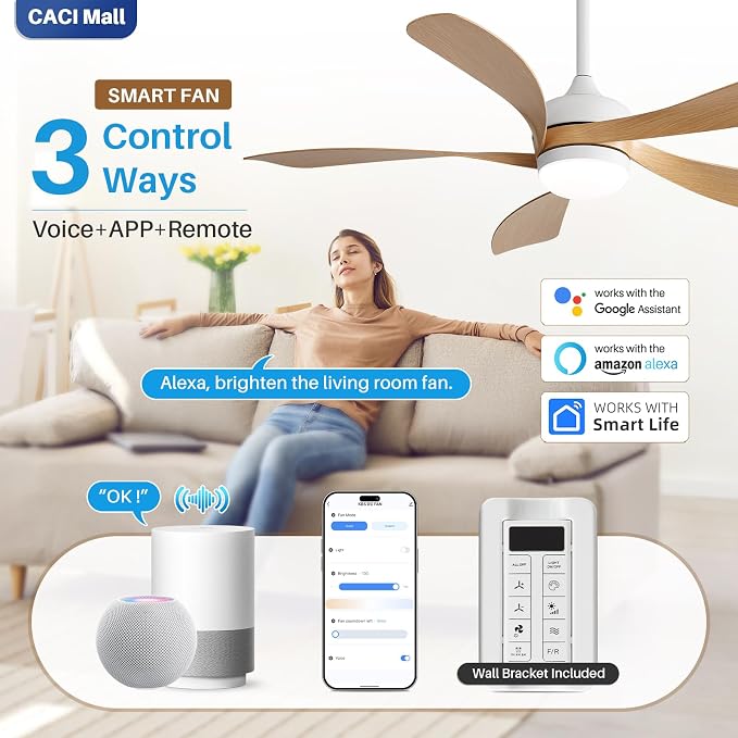 CACI Mall 52 inch Smart Ceiling Fan with Lights, Remote Control, Compatible with Alexa/Google/App, 5 Blades, Dimmable Lighting, Quiet, Indoor/Outdoor Ceiling Fans for Living Room, Bedroom, Patios