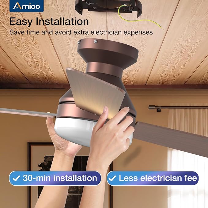 Amico Ceiling Fans with Lights, 42 inch Low Profile Ceiling Fan with Light and Remote Control, Flush Mount, Reversible, 3CCT, Dimmable, Noiseless, Brown Ceiling Fan for Bedroom, Indoor/Outdoor Use