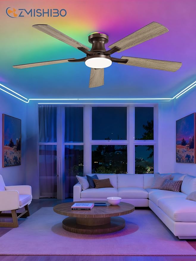 ZMISHIBO 52 Inch Ceiling Fan with RGB Lights, Low Profile Flush Mount with Alexa/App/Remote, Dimmable 20W LED Light, Brown Farmhouse for Living Room, Bedroom, Game Room