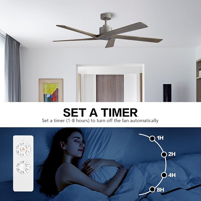WINGBO 54 Inch DC Ceiling Fan without Lights, 5 Reversible Carved Solid Wood Blades, 6-Speed Noiseless DC Motor, Ceiling Fan No Light with Remote, Graphite Finish with Gray Blades, ETL Listed
