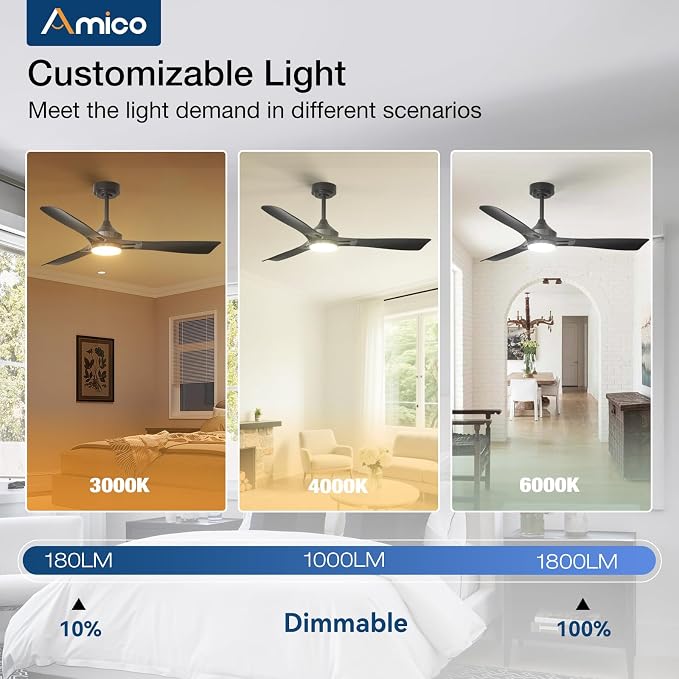 Amico 52 Inch Ceiling Fan with Lights, Modern Black 3-Blade Ceiling Fan with Remote Control, Dimmable LED, 3CCT, Quiet Reversible Motor, Indoor/Outdoor for Patio, Living Room, Bedroom, Kitchen