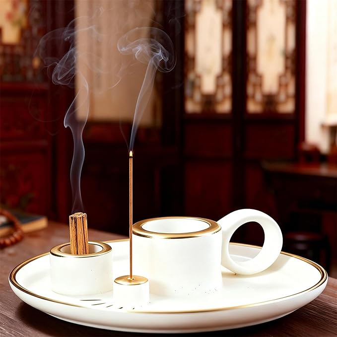Multifunction Incense and Candle Holder for Burning Sage, Palo Santo, Incense Sticks - 5.9" Ceramic Ash Catcher Tray for Meditation Room Home Decor (A)