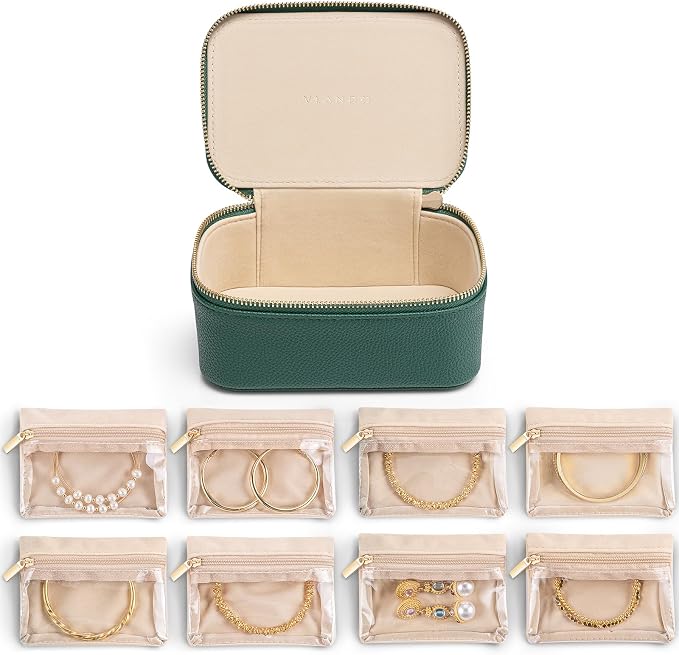 VLANDO Jewelry Travel Case,Travel Jewelry Organizer with Clear Velvet Jewelry Bags 8Pcs Zipper Pouch for Women Girl Gift-Green