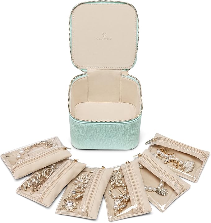VLANDO Travel Jewelry Box,Jewelry Travel Case with 6 Velvet Jewelry Zipper Pockets Travel Jewelry Organizer for Ring Bracelet Christmas Wedding Birthday Gifts for Wife Daughter Lake Blue