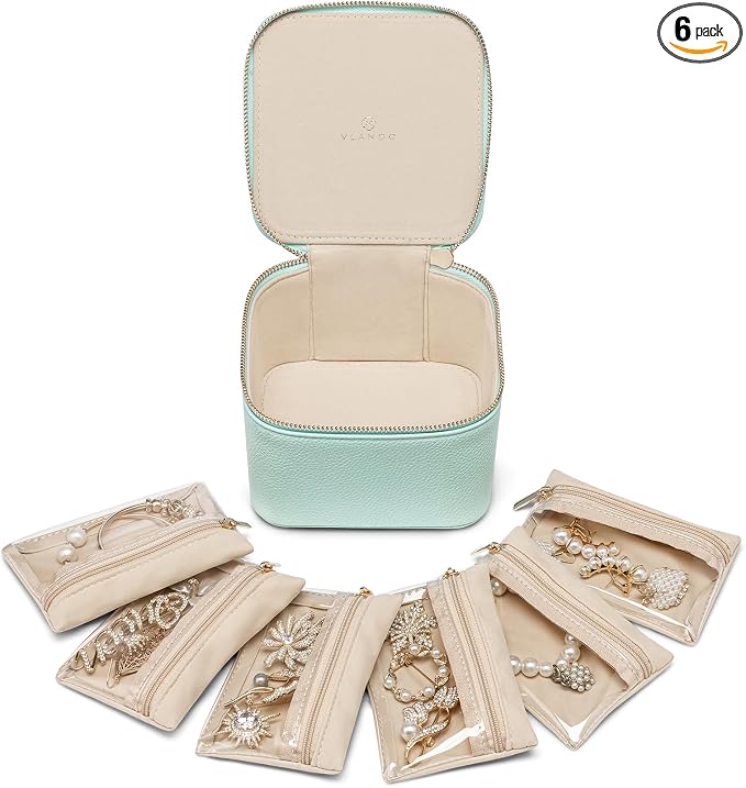 VLANDO Travel Jewelry Box for Women Faux Leather Jewelry Box with 6 Velvet Jewelry Zipper Pockets Earrings Necklace Rings Storage Boxes Christmas Gift for Mom Wife(Lake Blue)