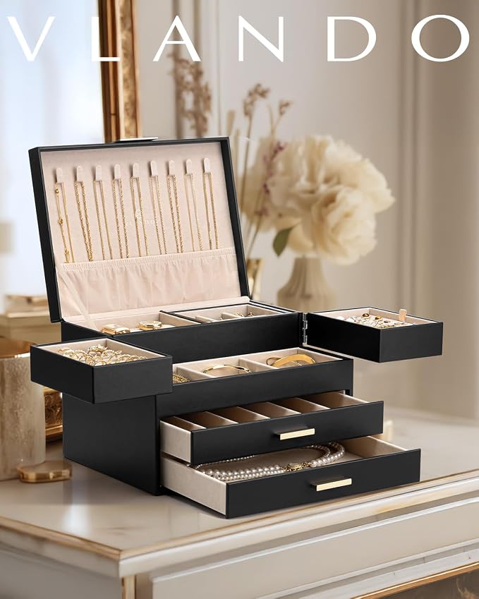 VLANDO 4 Layers Jewelry Box - Women Jewelry Box with Retractable Tray - Jewelry Organizer with Drawer for Necklaces, Rings, Bracelets, Earrings, Gift for Couples Mom Girls - Black