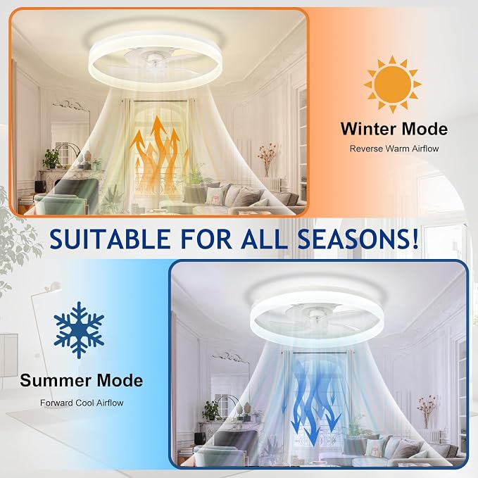 DLLT Bladeless Ceiling Fans with Lights: 24 Inch Modern Flush Mount Low Profile Ceiling Fan with APP Remote Control - White Enclosed LED Fandelier Dimmable Quiet DC Motor for Bedroom Living Room