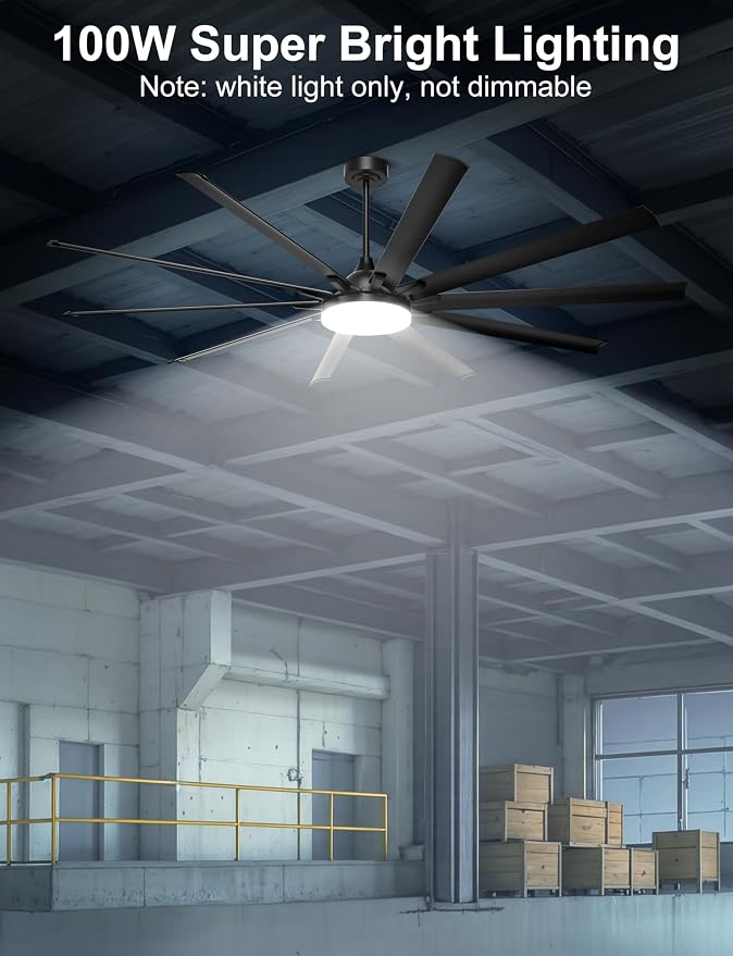 Ohniyou 96" Industrial Ceiling Fan with Bright Lights, High CFM Shop Fan | Remote/App Control, 10 Aluminum Blades, Extra Large Metal Fan for Covered Patio, Gym, Warehouse, Black