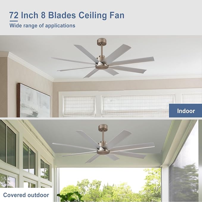 Ceiling Fan: 72 Inch Nickle DC Motor - 8 Large Blades, Remote Control - Farmhouse Indoor/Outdoor Ceiling Fan for Bedroom, Living Room, Patio