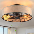 Boho Ceiling Fan with Jute Fabric Shades and Remote Control, Small Caged Bladeless Low Profile Ceiling Fan with Light, 20 Inch Modern Flush Mount Light Kit for Bedroom Kitchen Living Room