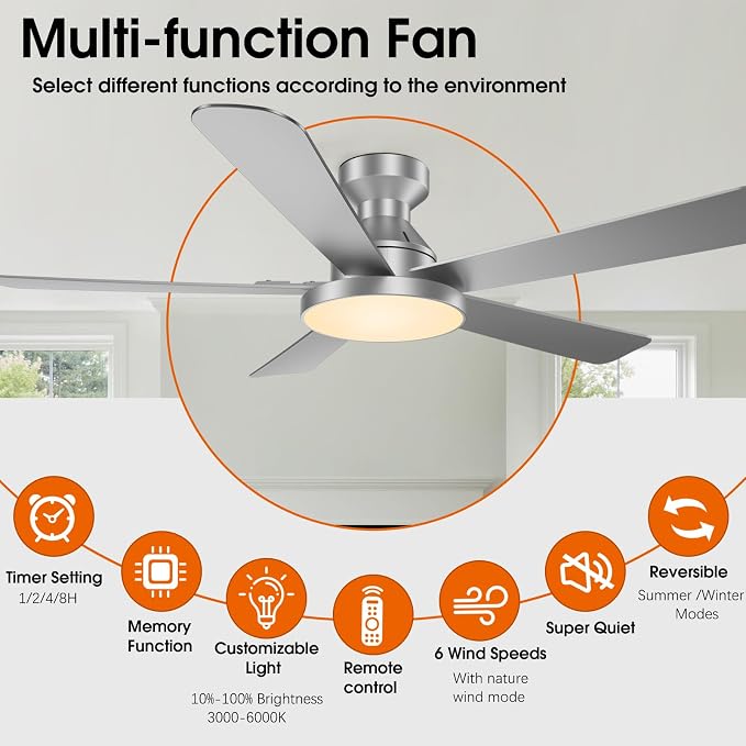 Ceiling Fans with Lights, 52 inch Low Profile Ceiling Fan with Light, Remote/App Control, Flush Mount Modern Ceiling Fan for Bedroom, Indoor/Outdoor (Silver)