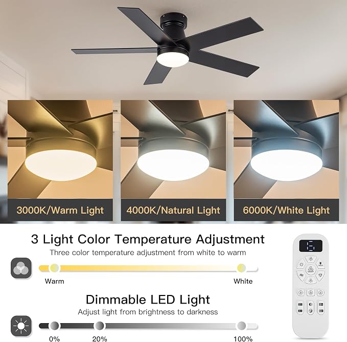 OURSTAR Ceiling Fans with Lights and Remote Control, Black Low Profile Ceiling Fan with Light 3-Color LED Dimmable, Memory for Lighting and Fan Reversible, 6-Speed, Timer, Indoor/Outdoor Use, 47 Inch