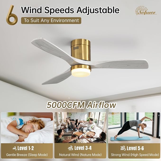 Sofucor 52 Inch Low Profile Ceiling Fans with Light, Modern Flush Mount Solid Wood Ceiling Fan with Airflow 5000CFM, Quiet DC Motor, 6 Speeds, Timer & Reversible for Bedroom Living Room, ETL, Gold