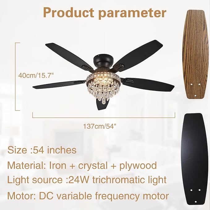 Crystal Ceiling Fan Fandelier with Lights-Ceiling Fans with Lights,54" Low Profile and Remote Control, Flush Mount, Reversible, Dimmable, Noiseless, Black Ceiling Fan for Bedroom