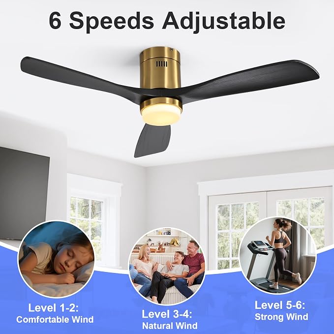 Sofucor 52 Inch Ceiling Fans with Lights, Flush Mount Black Indoor/Outdoor Ceiling Fan with Light Remote Control, Reversible DC Motor, 3 Blade Solid Wood Ceiling Fan Light for Bedroom Patio Farmhouse