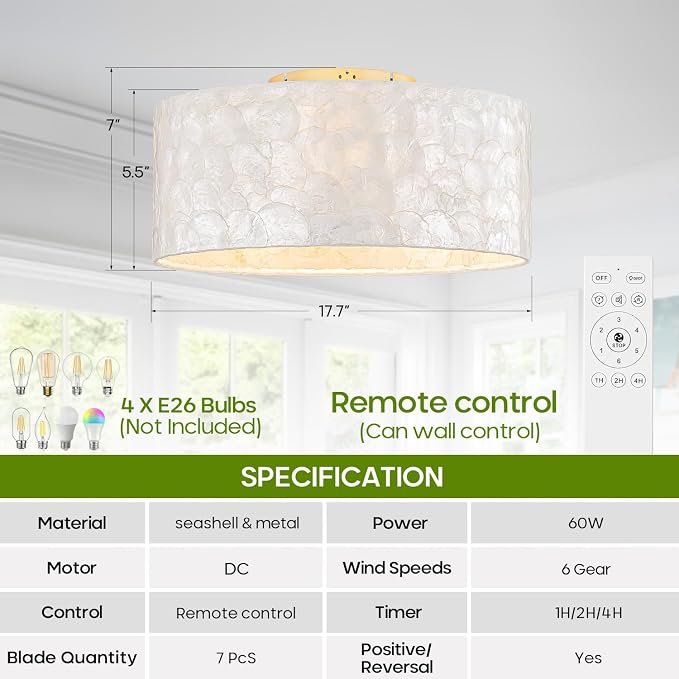 Boho Coastal Ceiling Fan with Lights and Remote, Enclosed Caged Design with Shell Lampshade — Fandelier for Bedroom, Nursery, Foyer, Kitchen (6 Speeds)