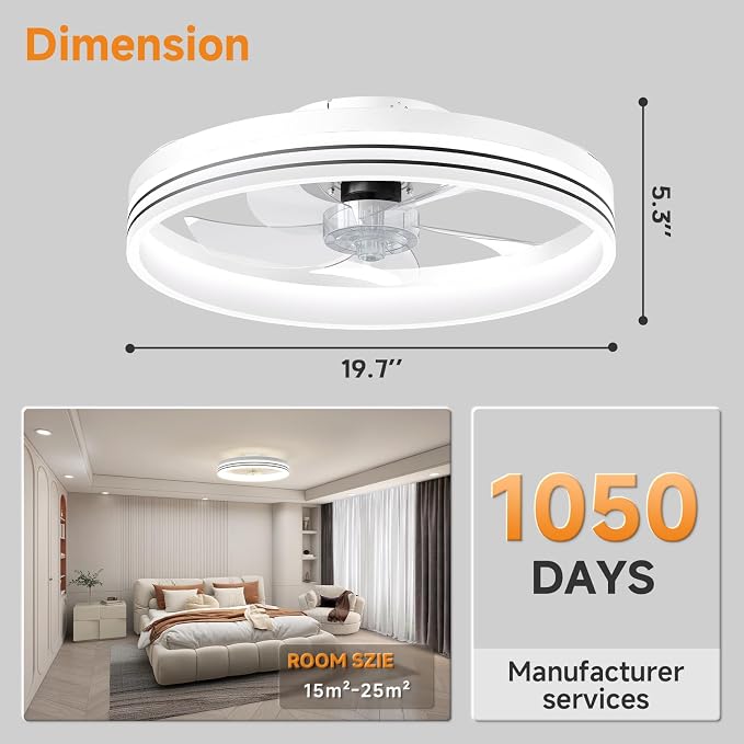 VOLISUN Low Profile Ceiling Fans with Lights and Remote, No Assembly, 19.7in Flush Mount Ceiling Fan with Light, 3000K-6500K Dimmable Fandelier LED Fan Light, White Bladeless Ceiling Fans for Bedroom
