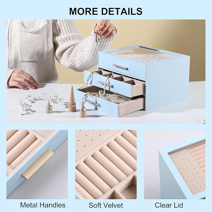 Frebeauty Jewelry Box for Women,Clear Lid Jewelry Organizer with 3 Drawers | Faux Leather,Velvet Lining,3 Layers,Jewelry Storage for Ring Earring Stud,Dustproof Design,Gift Choice,Golden Stylish Handle