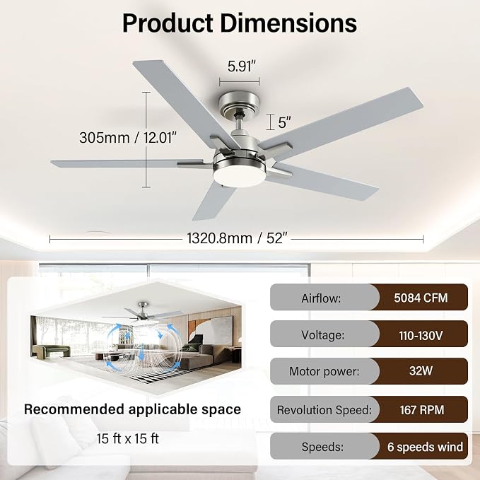 52 Inch Brushed Nickel Ceiling Fans with Lights and Remote, Low Profile 5 Blades Ceiling Fan with Downrods, Reversible, 3CCT, Dimmable, Noiseless for Living Room, Bedroom and Patio