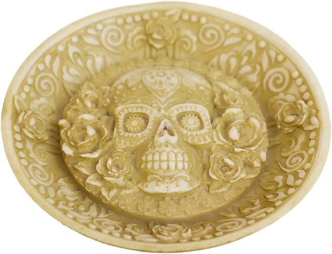 Ebros Day of The Dead Inca Floral Rose Sugar Skull Incense Stick Burner Holder Medallion Dish Figurine Skeletons Halloween Ossuary Aromatherapy Coin Jewelry Dishes Decorative Accent
