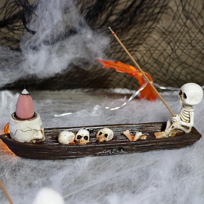 Halloween Incense Burner, backflow Incense Burner,Skeleton Ship Incense Holder,Hand-Carved Decorations,Cool Room Decorations, Awesome and Ideal Gifts, Brown (1pack, 8.5inch)