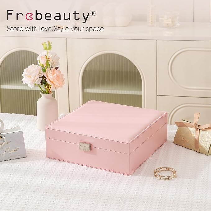 Frebeauty 50 Grid Earring Holder Organizer,2 Layer Jewelry Box for Women | Faux Leather,Velvet Lining,Adjustable Divider,Jewelry Organizer for Ring Necklace and Bracelet,for Home Use and Jewelry Store