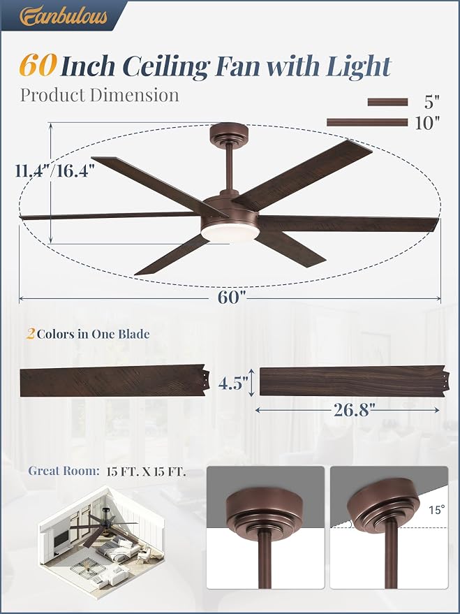 Fanbulous 60 Inch Ceiling Fans with Lights and Remote, Reversible 6 Blades, Dimmable, 3000K-6000K Adjustable, Outdoor Ceiling Fans for Patios, Large Ceiling Fan for Indoor or Covered Outdoor, Brown