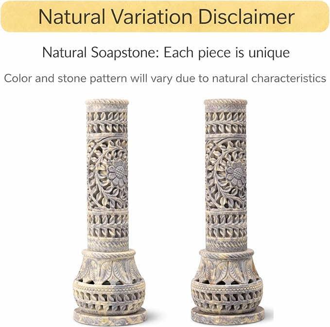 Carry Me Marble Soapstone Incense Stick Holder | Candle Burner | Tea Light Stand - Perfect Handmade Bottle Tower. Decorative Floral Carving for Gifting - Home and Office Decor - (3x3x10.5 Inches)