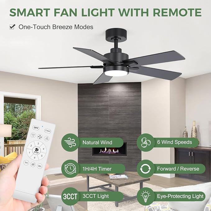 Ceiling Fans with LED Lights, 42 Inch 5-Blade Black Ceiling Fan Remote Control, Modern Ceiling Fan with Reversible DC Motor, Downrod Mount LED Ceiling Fan Light for Living Room Bedroom