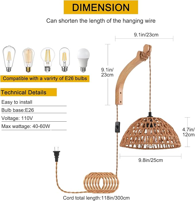 Plug in Wall Sconce,Farmhouse Wicker Wall Lamp Plug in,Hand Woven Rattan Wall Light Farmhouse Rustic Boho Sconces Wall Lighting for Living Room Bedroom