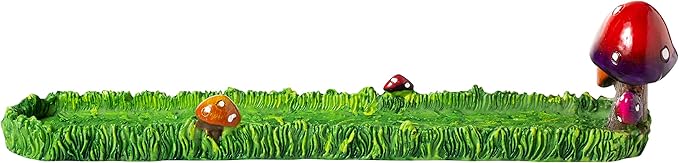 Mushrooms in Green Field Incense Stick Holder Burner with Ash Catcher